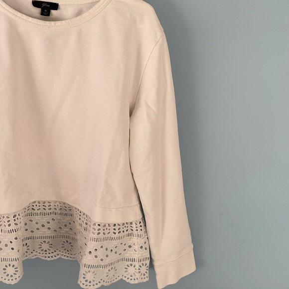 J. Crew White Crew Neck Sweater with Eyelet Detail Hem - Picture 4 of 6